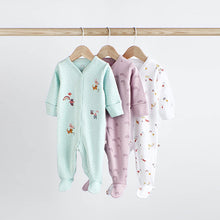 Load image into Gallery viewer, Mint Green /Purple/ White Cotton Baby Sleepsuits 3 Pack (0-18mths)
