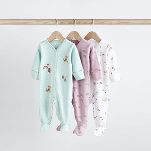 Mint Green /Purple/ White Cotton Baby Sleepsuits 3 Pack (0-18mths)