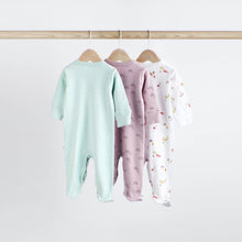 Load image into Gallery viewer, Mint Green /Purple/ White Cotton Baby Sleepsuits 3 Pack (0-18mths)
