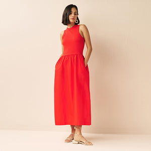 Red Ribbed Sleeveless Vest Poplin Mix Midi Cotton Blend Dress