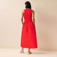 Load image into Gallery viewer, Red Ribbed Sleeveless Vest Poplin Mix Midi Cotton Blend Dress
