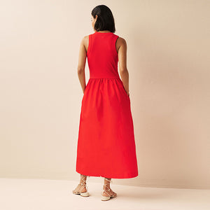 Red Ribbed Sleeveless Vest Poplin Mix Midi Cotton Blend Dress