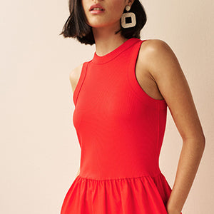 Red Ribbed Sleeveless Vest Poplin Mix Midi Cotton Blend Dress