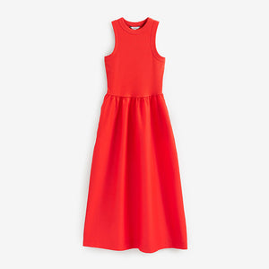 Red Ribbed Sleeveless Vest Poplin Mix Midi Cotton Blend Dress