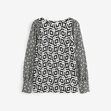 Load image into Gallery viewer, Black/White Geometric Long Sleeve Crew Neck Cuff Blouse
