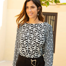 Load image into Gallery viewer, Black/White Geometric Long Sleeve Crew Neck Cuff Blouse
