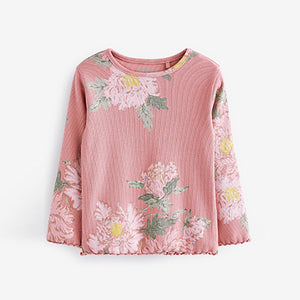 Pink Floral Cotton Rich Long Sleeve Rib T-Shirt (3mths-6yrs)