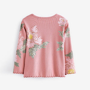 Pink Floral Cotton Rich Long Sleeve Rib T-Shirt (3mths-6yrs)