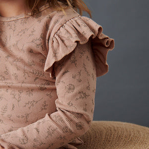 Neutral Flower Long Sleeve Frill Rib Jersey Top (3mths-6yrs)