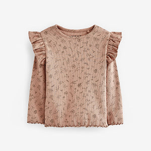 Neutral Flower Long Sleeve Frill Rib Jersey Top (3mths-6yrs)