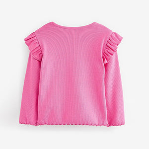 Bright Pink Long Sleeve Frill Rib Jersey Top (3mths-6yrs)