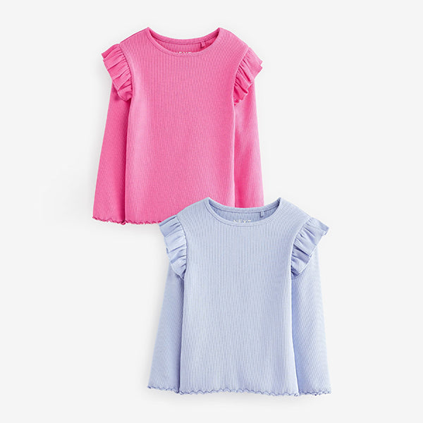 Bright Pink Long Sleeve Frill Rib Jersey Top (3mths-6yrs)