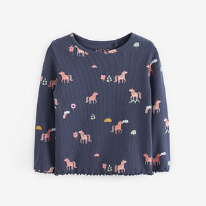 Navy Unicorn Cotton Rich Long Sleeve Rib T-Shirt (3mths-7yrs)