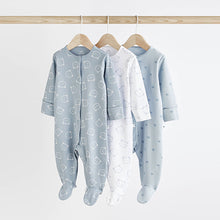 Load image into Gallery viewer, Blue 3 Pack Cotton Baby Sleepsuits (0-2yrs)
