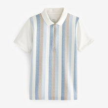 Load image into Gallery viewer, White/Blue Vertical Stripe Short Sleeve Zip Neck Polo Shirt (3-12yrs)
