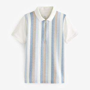 White/Blue Vertical Stripe Short Sleeve Zip Neck Polo Shirt (3-12yrs)
