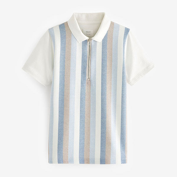 White/Blue Vertical Stripe Short Sleeve Zip Neck Polo Shirt (3-12yrs)