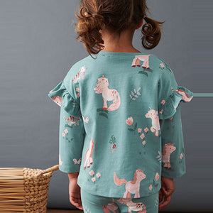 Green Unicorn Long Sleeve Frill Top (3mths-6yrs)