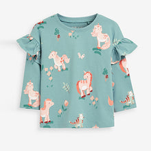 Load image into Gallery viewer, Green Unicorn Long Sleeve Frill Top (3mths-6yrs)
