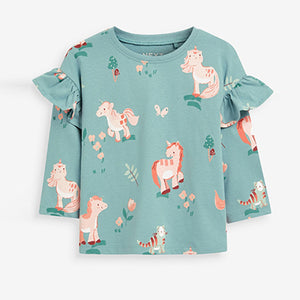 Green Unicorn Long Sleeve Frill Top (3mths-6yrs)