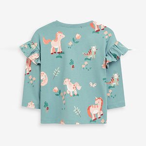 Green Unicorn Long Sleeve Frill Top (3mths-6yrs)