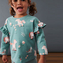 Load image into Gallery viewer, Green Unicorn Long Sleeve Frill Top (3mths-6yrs)
