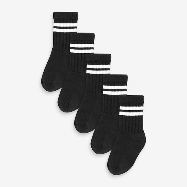 Black Cushioned Footbed Cotton Rich Ribbed Tipped Socks 5 Pack