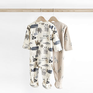 Grey/Tan Animal Print  Fleece Baby Sleepsuits 2 Pack (0-2yrs)