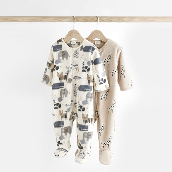 Grey/Tan Animal Print  Fleece Baby Sleepsuits 2 Pack (0-2yrs)