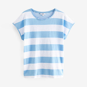 Chambray Blue Stripe Crew Neck Linen Look Sub Jersey Cap Sleeve T-Shirt