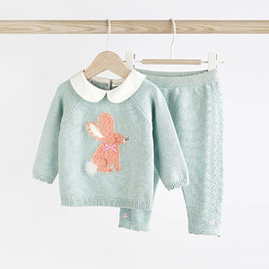 Teal Blue Baby Knitted Collar Jumper & Leggings Set (0mths-18mths)