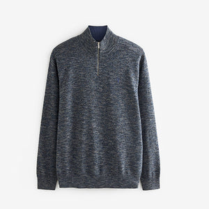 Navy Blue Regular Marl Zip Neck Jumper