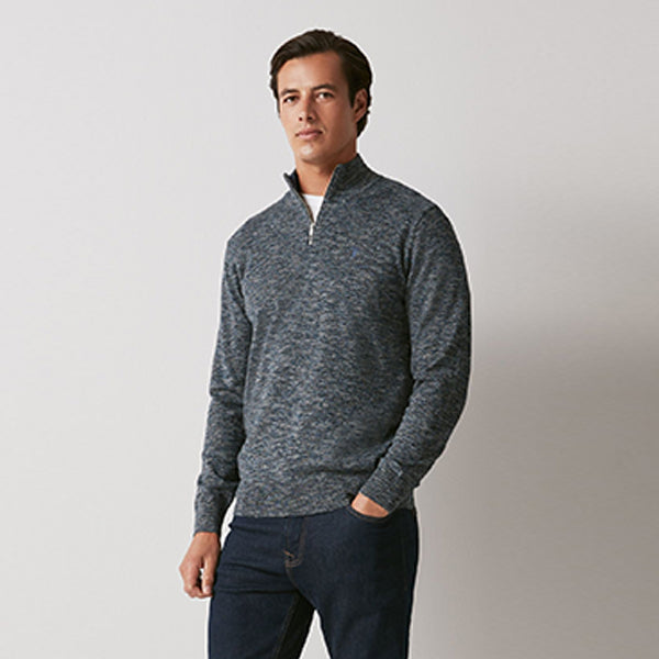 Navy Blue Regular Marl Zip Neck Jumper