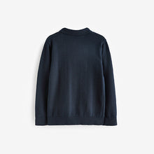 Load image into Gallery viewer, Navy Blue Textured Knit Zip Neck Long Sleeve Polo Shirt (3-12yrs)
