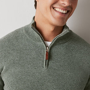 Sage Green Regular Cotton Premium Zip Neck Jumper