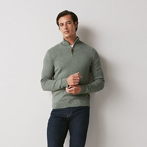 Sage Green Regular Cotton Premium Zip Neck Jumper