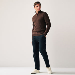Brown Zip Neck Knitted Premium Regular Fit Jumper