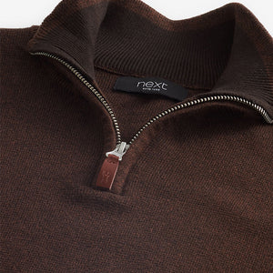 Brown Zip Neck Knitted Premium Regular Fit Jumper
