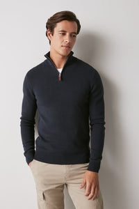 Navy Blue Zip Neck Knitted Premium Regular Fit Jumper