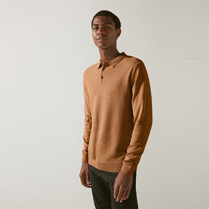 Tan Brown Regular Textured Knitted Polo Shirt