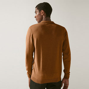 Tan Brown Regular Textured Knitted Polo Shirt