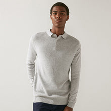 Load image into Gallery viewer, Grey Textured Regular Long Sleeve Knit Polo Shirt
