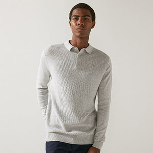 Grey Textured Regular Long Sleeve Knit Polo Shirt