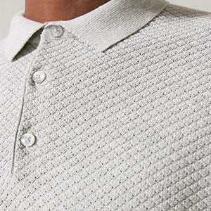 Grey Textured Regular Long Sleeve Knit Polo Shirt