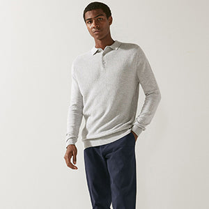 Grey Textured Regular Long Sleeve Knit Polo Shirt