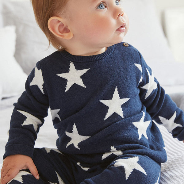 Navy Blue Star Knitted Baby 2 Piece Set (0mths-18mths)