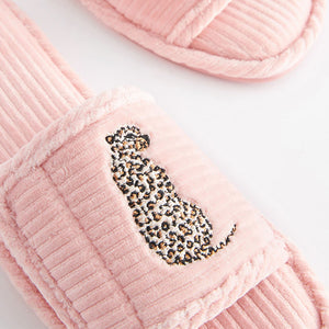 Pink Leopard Corduroy Slider Slippers