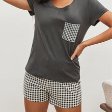 Load image into Gallery viewer, Charcoal Grey Gingham Cotton Short Sleeve Pyjamas
