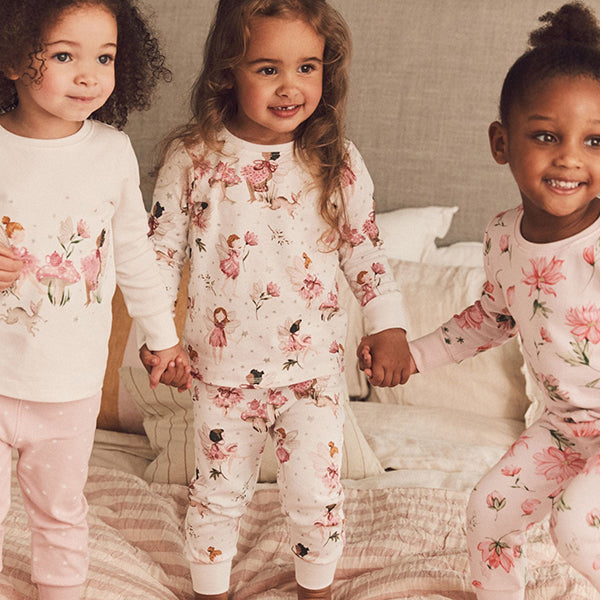 Pink/Ecru White Fairy 3 Pack Long Sleeve Printed Pyjamas (12mths-8yrs)