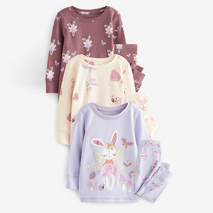 Purple/White Bunny 3 Pack Long Sleeve Printed Pyjamas (12mths-7yrs)